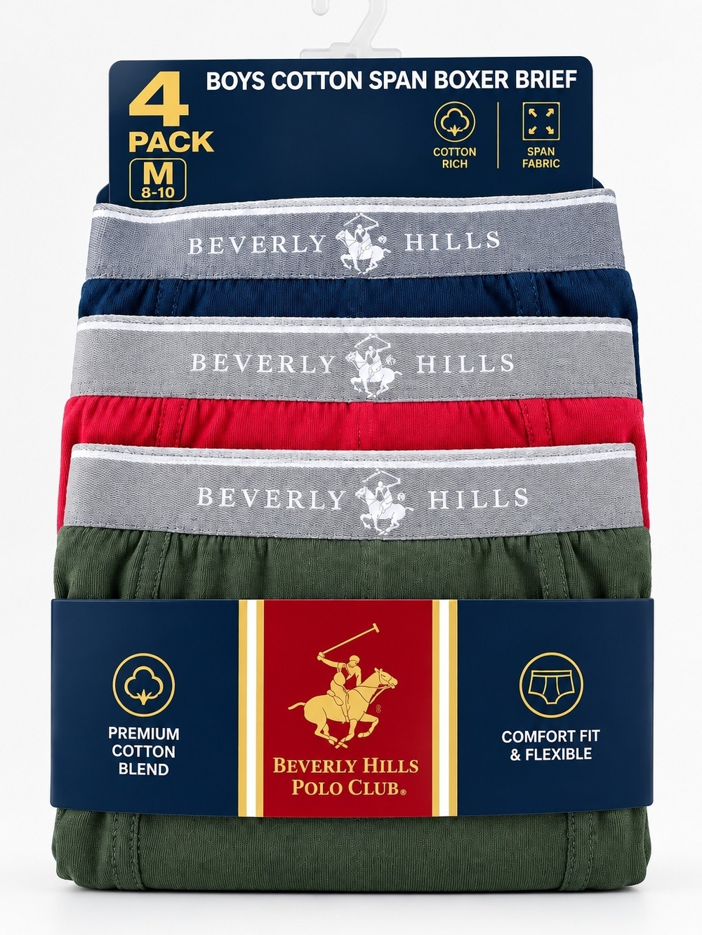 Beverly Hills Polo Club 4-Pack Boxer Briefs - Blue, Red, Green, Gray Waistband